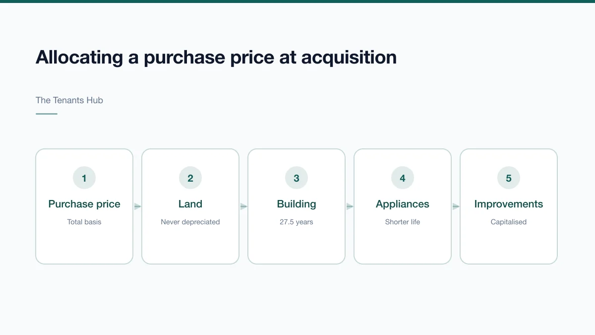 Diagram showing a property purchase price split into non-depreciable land and depreciable building basis, with shorter-life components separated out